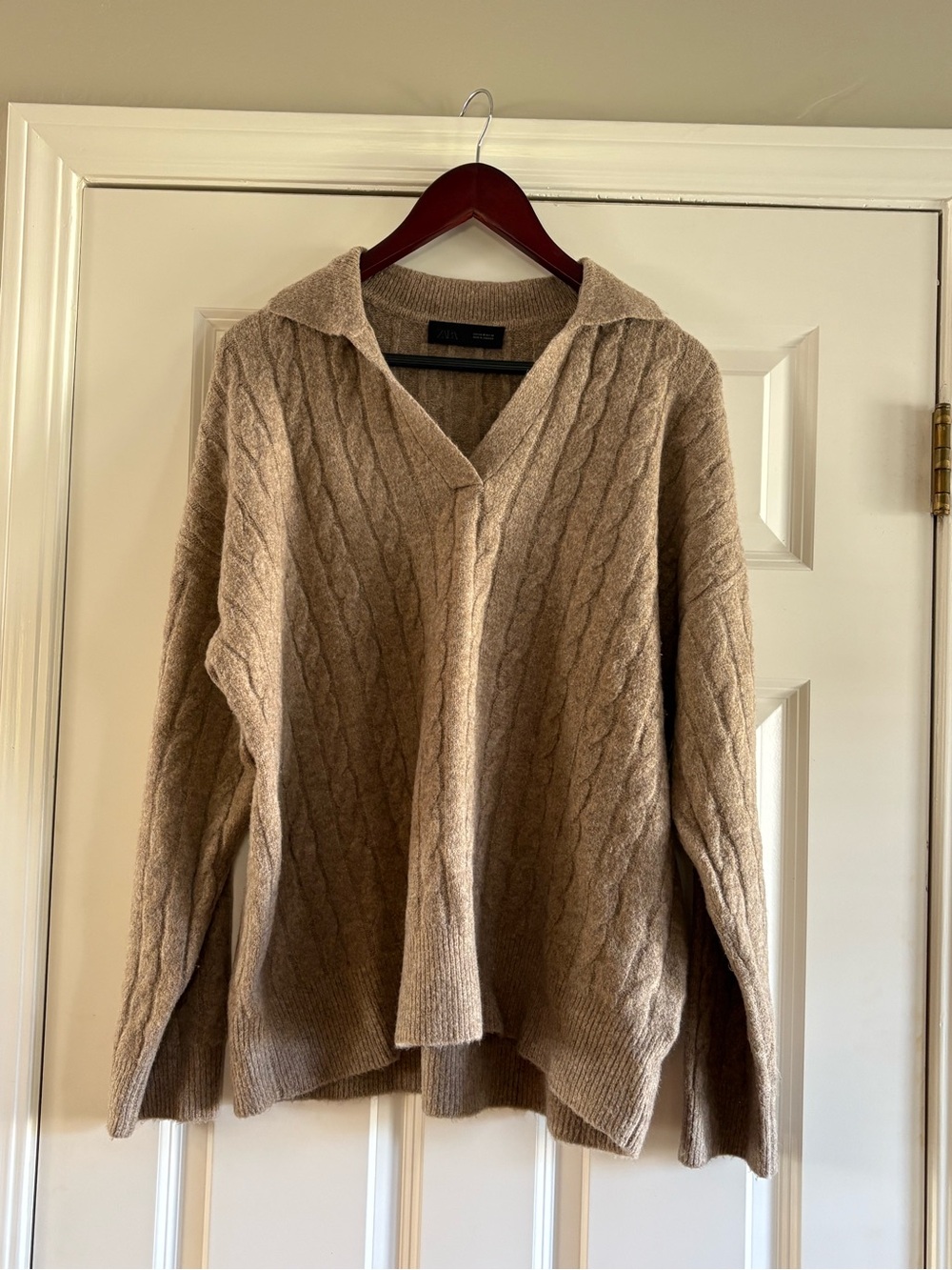 Zara Cable-Knit V-Neck Sweater - Taupe